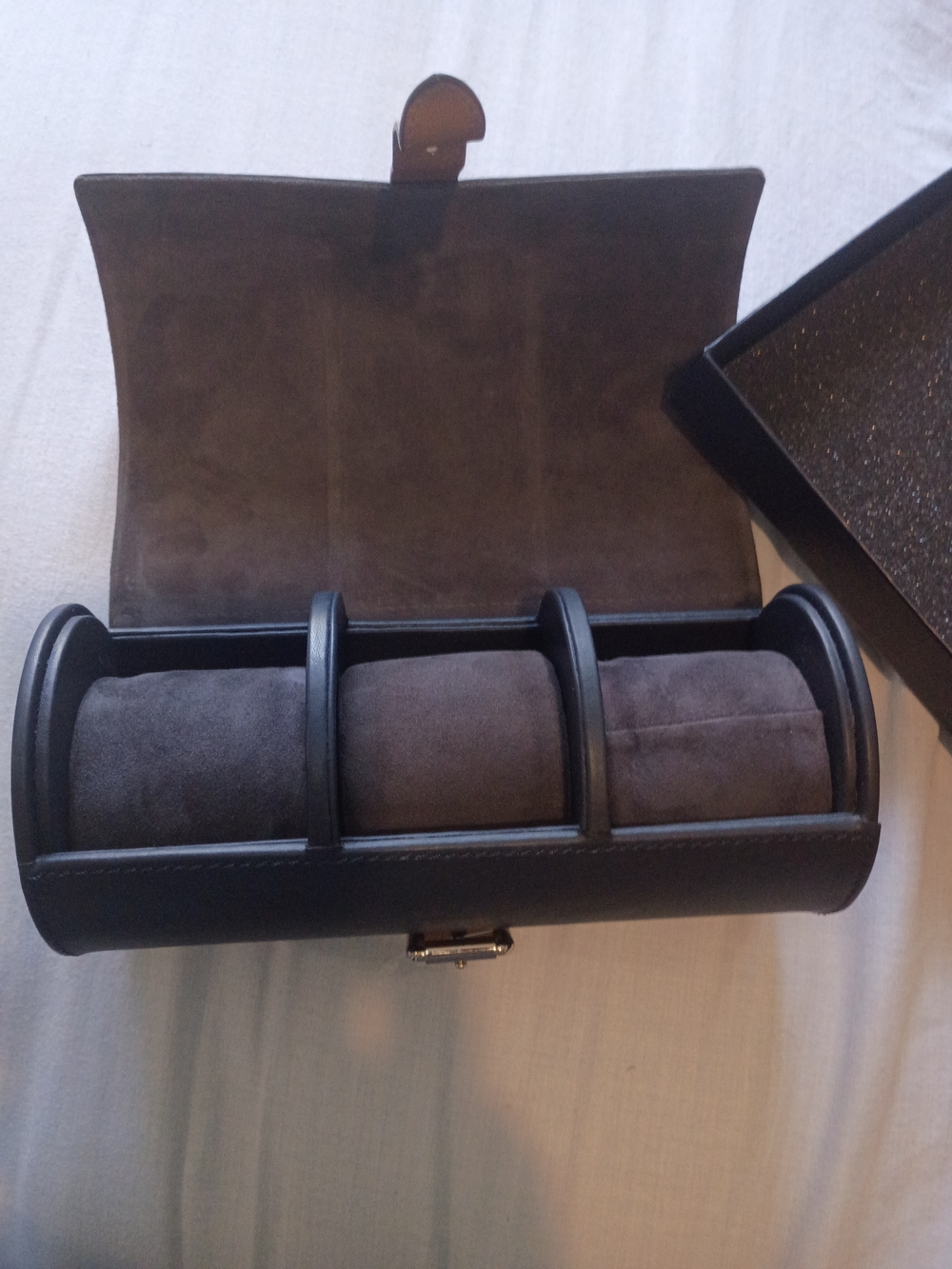 Ralph Lauren Black Leather 3-Slot Watch Roll with Gray Suede Cushions